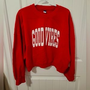 Old Navy Red Crewneck Sweatshirt with White 'GOOD VIBES' Graphic